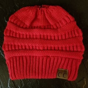 Sale! Red Messy Bun Ponytail Beanie Soft Knit Hat